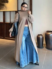 Flirla Plus Size Women Warm Turndown Collar Single Button Long Knitted Cardigan Sweater, Suitable For Autumn/Winter, Back To School, Indoor/Outdoor Commute Fall Cloth For Women