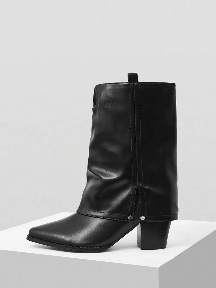 BOTAS ELEGANTES DE MEDIA PANTORRILLA CON TACÓN GRUESO Y PUÑO INVERTIDO PARA MUJER, OTOÑO/INVIERNO
