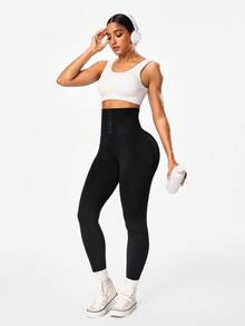 SHEIN Sports 女式纯色简约高腰纽扣紧身裤，女式无缝高腰紧身裤，收腹紧身裤，压缩紧身裤瑜伽裤 - 黑色 - 查看 5
