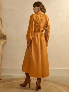 Arave Women's Burnt Orange Cotton Shirt-Style Long Dress,Elegant Autumn Everyday Waist Drawstring Pleated Lapel Lantern Sleeves X-Shaped Commuter Clothes - Orange - View 5