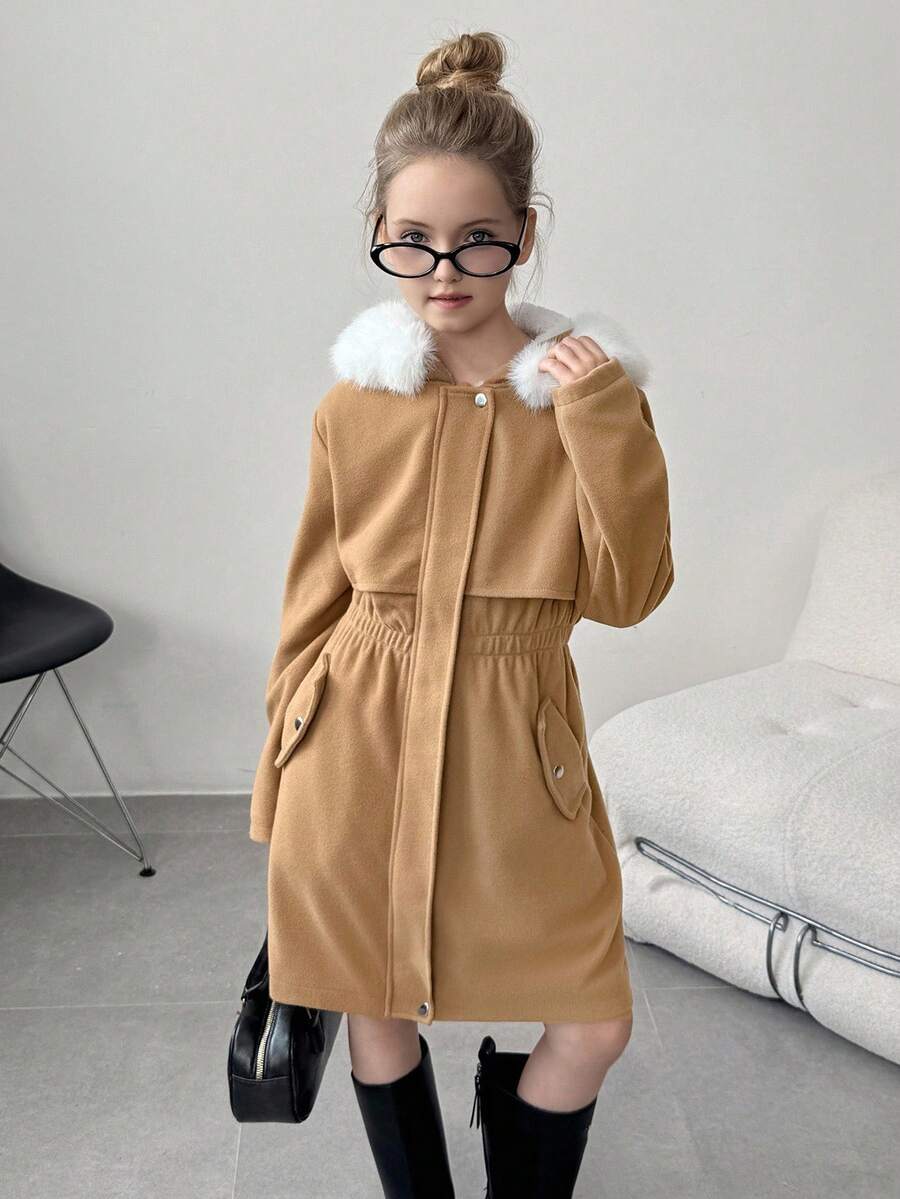 Tween Girl Patchwork Faux Fur Hooded Long Sleeve Cinched Waist Casual Jacket, Autumn/Winter Fall - Khaki - View 1