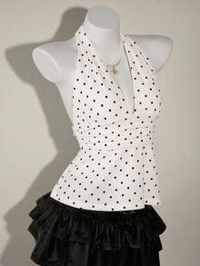SHEIN ICON Women's Halter Deep V-Neck Ruched A-Line Backless Polka Dot Camisole
