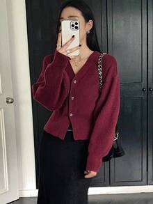 DAZY Women's Casual V-Neck Cardigan, Solid Color, Autumn - Burgundy - View 5