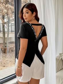Vionelle Plus Size Women French Style Beaded Short Sleeve Knit Top, Elegant, Fashionable, Versatile, Casual & Minimalist - Black - View 4