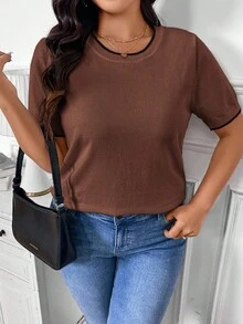 SHEIN Frenchy 大码休闲简约拼色女式针织上衣，春季新品，卡其色 - 棕色 - 查看 1