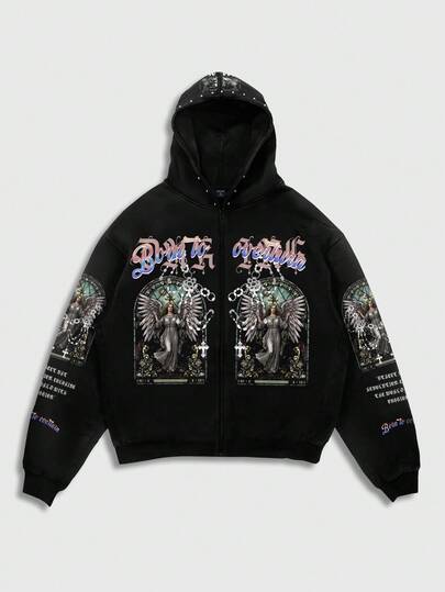 Street Life Sudadera con capucha con adornos de rhinestone góticos para hombre, otoño