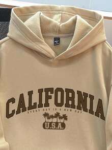 Manfinity Hypemode 卡其色宽松“California”字母印花落肩加厚保暖连帽衫，男士秋冬长袖上衣 - 卡其色 - 查看 2