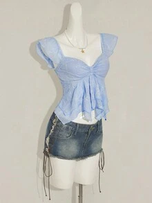 SHEIN ICON 女士褶皱前片修身性感镂空提花浪漫法式荷叶袖露背休闲度假短款吊带背心 - 藍色 - 查看 6