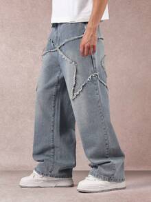 SUMWON Distressed Wide Leg Jeans With Star Design Frayed Details Oversized Baggy Cut Casual Streetwear Denim Pants Winter Fall Fashion - Blue - View 4