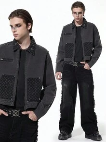 ROMWE MEN Street Life 男士宽松珍珠装饰牛仔夹克 - 深灰色 - 查看 3