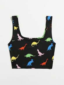 SHEIN EZwear Dinosaur Print Tank Top - Black - View 2