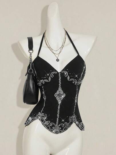 SHEIN ICON Damblus med paljettbroderi och rygglös kort topp, Y2K Retro Sexig Chic Söt