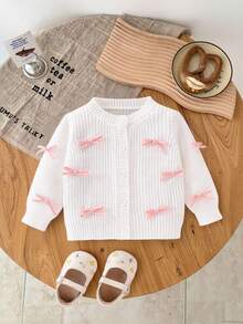 SHEIN Baby And Girl Fashionable Cute Versatile Bow Sweater Cardigan, Knitted Knitted Single Piece Outerwear Fall Winter - Beige - View 1