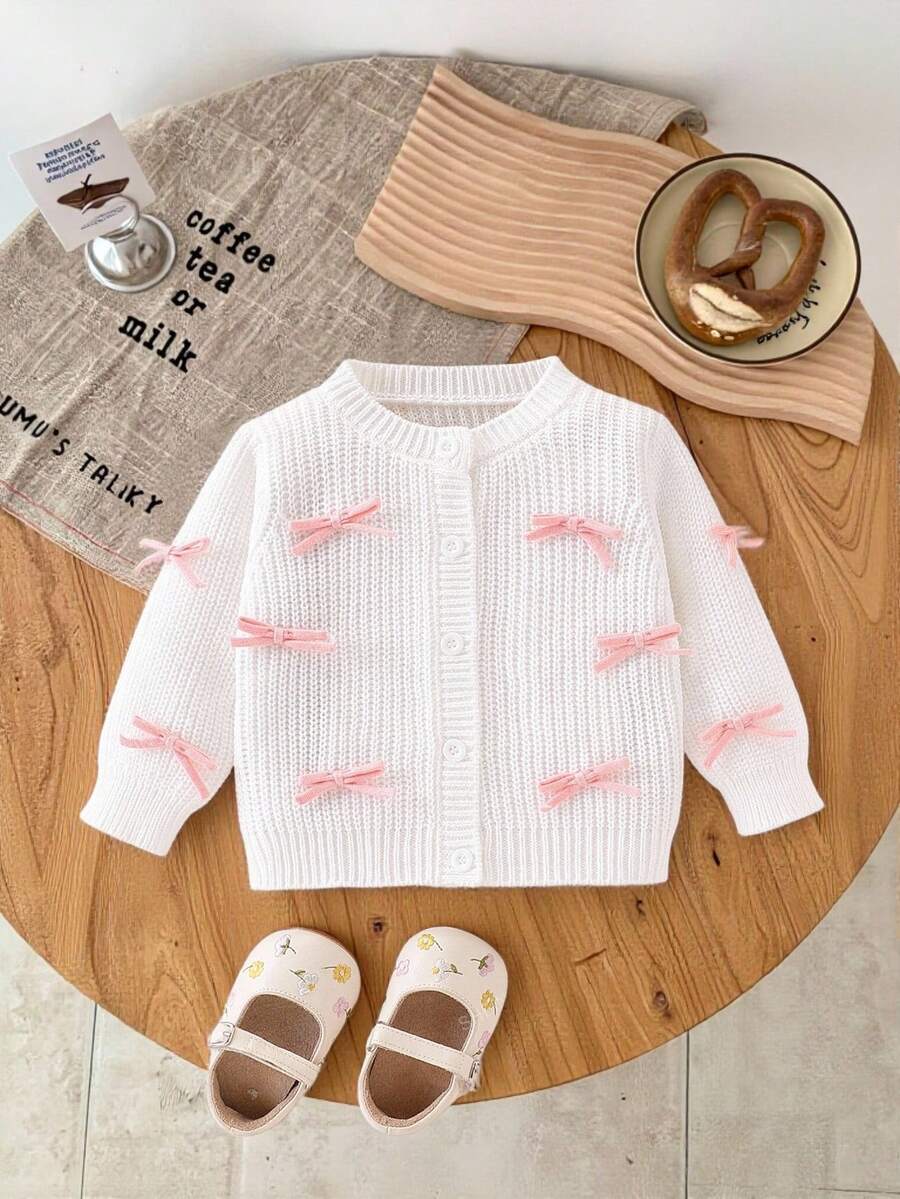 SHEIN Baby And Girl Fashionable Cute Versatile Bow Sweater Cardigan, Knitted Knitted Single Piece Outerwear Fall Winter - Beige - View 1