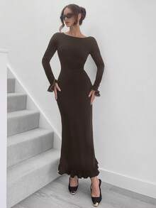 Siren Gaze 女士圆领喇叭袖鱼尾下摆优雅连衣裙生菜边连衣裙、感恩节连衣裙、圣诞派对连衣裙、新年连衣裙、除夕连衣裙，适合秋冬季 - 咖啡棕 - 查看 5