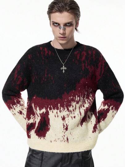 Goth Men's Fashionable Colorblock Pattern Sweater, Autumn/Winter