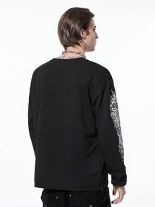 ROMWE MEN Goth 男士休闲撞色印花长袖T恤，秋季，适合秋季，2000年代风格 - 黑色 - 查看 3