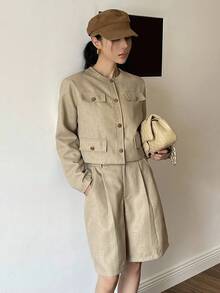 DAZY 2pcs Women Casual Solid Color Round Neck Long Sleeve Loose Jacket & Straight Leg Shorts Set, Autumn/Winter Lounge Sets For Women - Khaki - View 7