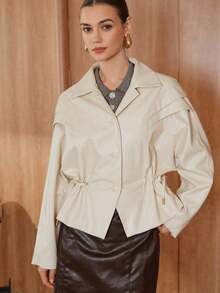 SHEIN Unity Avenne Elegant PU Leather Casual Solid Color Long Sleeve Button Women Jackets - Apricot - View 3