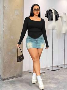 SHEIN EZwear Women's Plus Size Knitted Square Neck Long Sleeve T-Shirt - Black - View 4