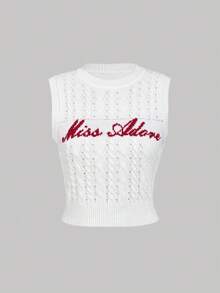 SHEIN MOD Damen ärmelloses Oberteil mit Buchstabenmuster, Strickoberteil für Schule, Wollpullover, Winterkleidung für Frauen, süße Wollwesten, Neujahrspullover