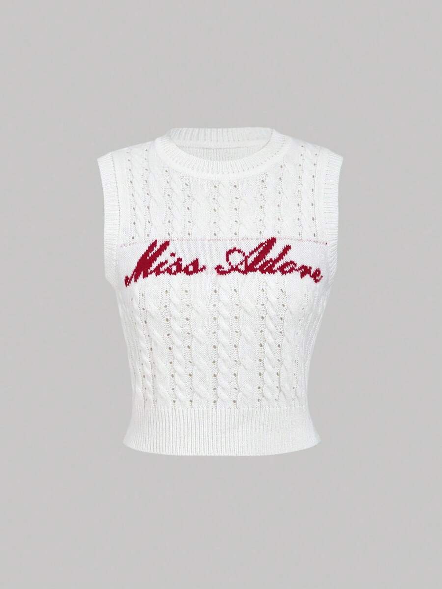 SHEIN MOD Damen ärmelloses Oberteil mit Buchstabenmuster, Strickoberteil für Schule, Wollpullover, Winterkleidung für Frauen, süße Wollwesten, Neujahrspullover