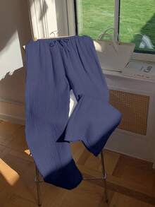 Comfortcana Navy Blue Straight Leg Long Pants With Pockets In Breathable Woven Fabric Women Cotton Pants Cotton Gauze Pants,Fall Cotton Women Clothing Gauze Clothing Women - Navy Blue - View 4