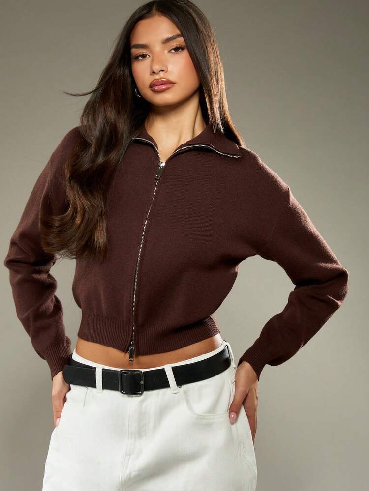 MISSGUIDED Women Knit Zip Through Cardigan Cropped Style High Neck Fall Winter Y2K Fashion Ribbed Hem Casual Streetwear Aesthetic Modern Basic Essential Daily Wear
