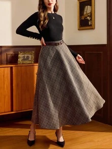 Vintamour 复古优雅女士半身裙，带口袋，格子腰带，休闲度假裙，适合秋季、冬季和圣诞节穿着。 - 棕色 - 查看 6