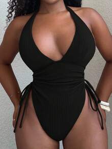 Alexandranx 女士夏季沙滩装，法式纹理面料系带前侧褶皱连体泳衣 - 黑色 - 查看 4