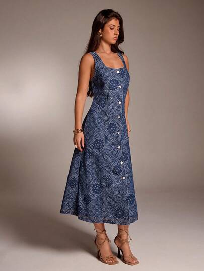 Avantive 女式花卉图案单排扣无袖休闲牛仔连衣裙