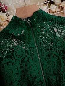 Franclia 女士秋季花卉蕾丝镂空拉链前长袖衬衫女式衬衫 - 墨綠色 - 查看 5