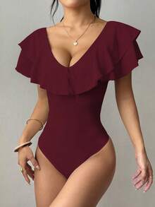 Rafferiza Women's Solid Color Ruffle Collar Fitted Elegant Bodysuit - Burgundy - View 5
