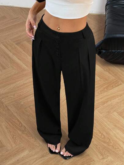 Flirla Pantalones casuales sueltos de pierna ancha con pliegues y botones delanteros de unicolor, adecuados para el trabajo y el transporte