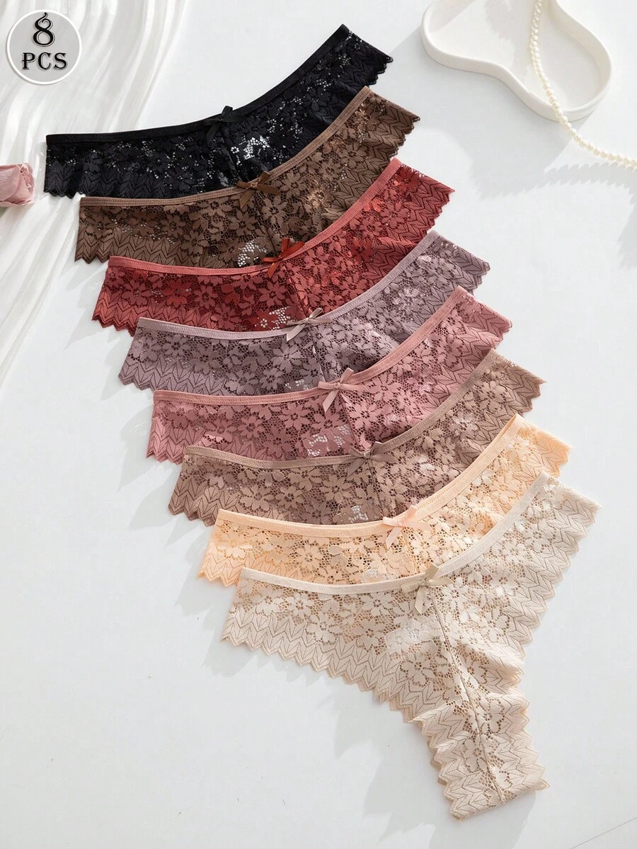 Conjunto de 8 calcinhas femininas românticas e sensuais de renda, multicoloridas - Multicolorido - Ver 1