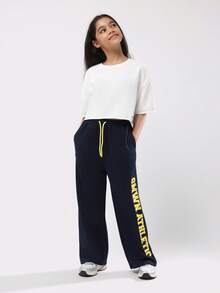 SUMWON 宽松少女阔腿慢跑裤，饰有黄色文字图案和星星细节，休闲街头风秋冬下装，舒适百搭 - 藏蓝色 - 查看 3