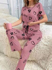 女士心形印花圆领短袖上衣和长裤睡衣套装女士睡衣套装心形睡衣套装舒适睡衣套装2件套睡衣套装可爱睡衣套装 - 彩色 - 查看 4