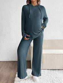 SHEIN 2 pièces Ensemble décontracté de maternité avec capuche à cordon et pantalon, ensemble de maternité automnal 2 pièces, ensemble en tricot 2 pièces, vêtements de grossesse, ensemble 2 pièces côtelé