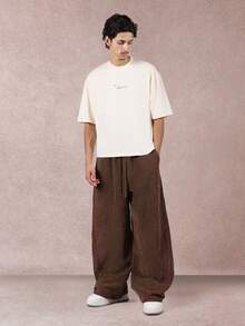 SUMWON 短款修身系列宽松版型基本款T恤，饰有低调的字母印花，简约设计，街头风，优质纯棉，春夏休闲纯色 - 杏色 - 查看 4