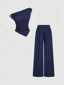 Sweetra Conjunto de 2 piezas minimalista y versátil para mujer, con decoración de metal plateado, top asimétrico de hombros descubiertos y pantalones rectos y anchos de estilo casual