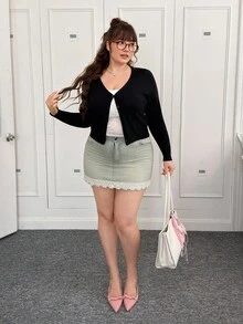 CovetEZ 秋冬款大码深V领纯色纽扣开衫 - 黑色 - 查看 4