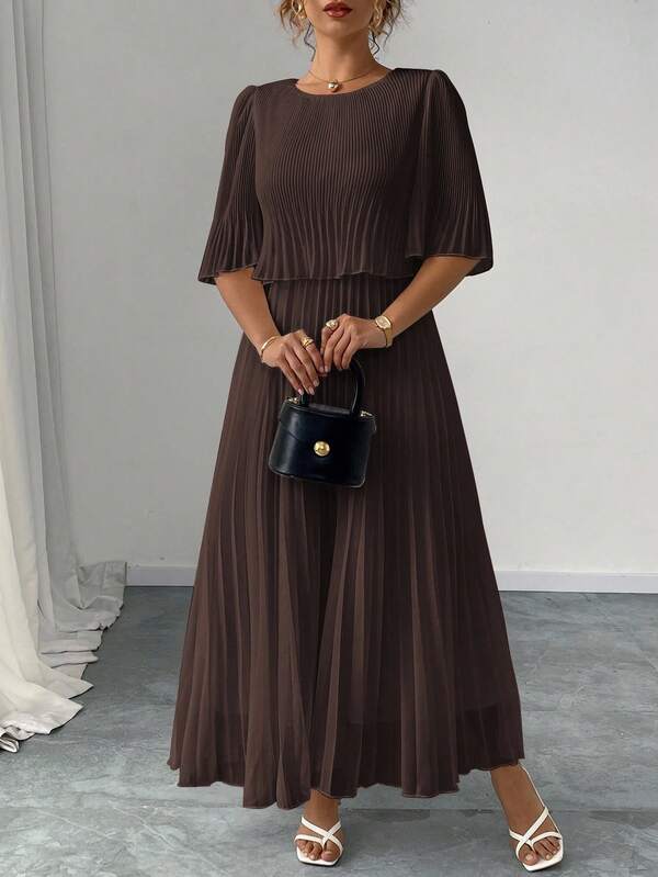 Elenzga Plus Size Solid Color Elegant Lady-Like Chiffon Pleated Dress, Spring/Summer Chocolate Brown Dress Brown Long Dress Elegant Brown Maxi Dress Pleated Maxi Dress Brown Pleated Dress