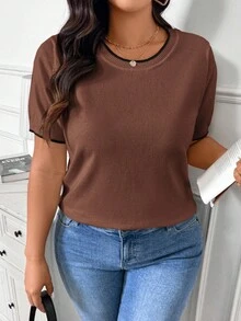 SHEIN Frenchy 大码休闲简约拼色女式针织上衣，春季新品，卡其色 - 棕色 - 查看 3