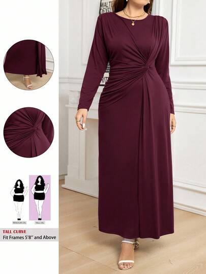 SHEIN Tall CURVE 秋季大码休闲扭纹长袖收腰连衣裙