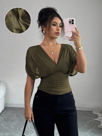Elenzga Women's Spring/Summer Mesh Elastic Knit Lining Elegant Vacation Beach Commute Casual French Romantic Criss-Cross Shirred Gathered Shoulder Sleeve Waist Ruched Drawstring Ruffle Hem T-Shirt
