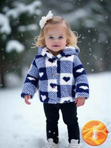 Baby Girl Heart Pattern Plush Long Sleeve Single-Breasted Hooded Jacket Fall Winter