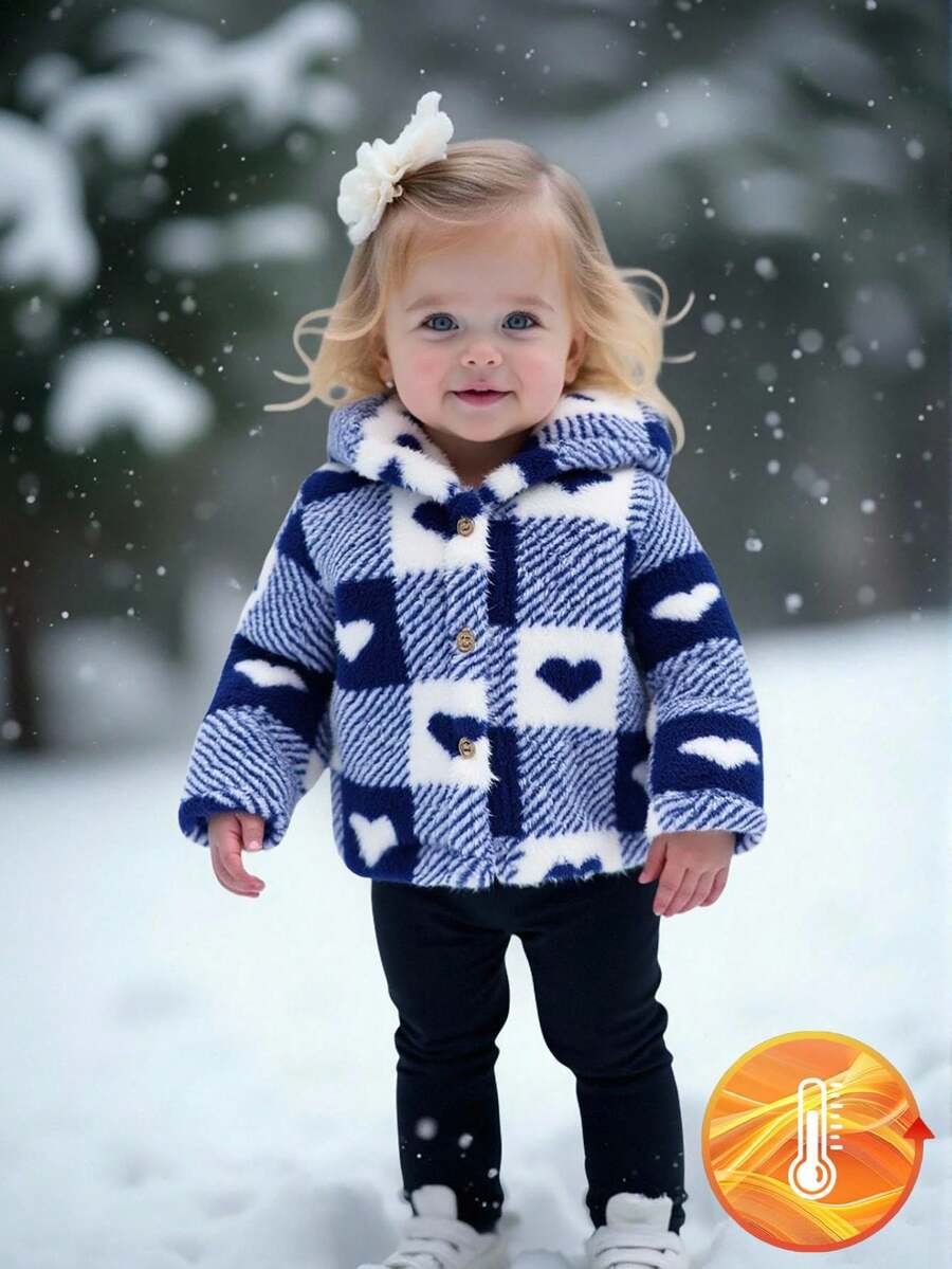 Baby Girl Heart Pattern Plush Long Sleeve Single-Breasted Hooded Jacket Fall Winter