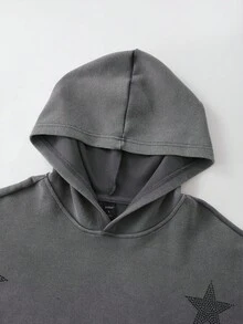 ROMWE MEN Street Life Men's Distressed Rhinestone Star Graphic Hoodie Sweatshirt, Loose Cropped Fit, Fall - Light Grey - View 4