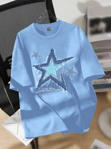 SHEIN EZwear 女款休闲宽松蓝色五角星图案圆领短袖T恤，夏季 - 藍色 - 查看 4