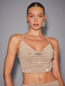 Hauture Sexy Going Out Night Out Party Semi Sheer Nude Tear Drop Crystal Gem Embellished Bodycon Mini Skirt